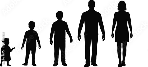Silhouettes of family members from toddler to adult standing in a row, diverse ages, growth stages, togetherness, unity, parenthood, children development, family concept