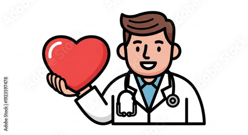 Smiling doctor holding red heart symbol representing healthcare and love with stethoscope around neck