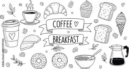 Hand‑Drawn Black and White Breakfast and Coffee Vector Collection Featuring Croissant, Cupcakes, Donuts, Sandwiches, Cereal, and Decorative Morning Meal
