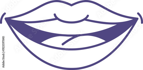 Purple line art of smiling human lips for dental clinic branding, cosmetics makeup industry, beauty salon, and positive emotion expression.