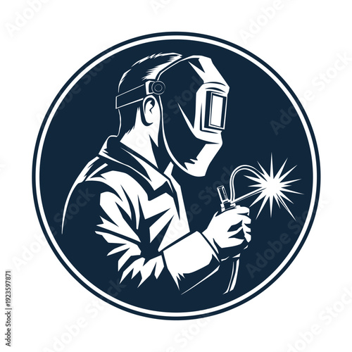 Welder with welding mask and torch sparks vector icon