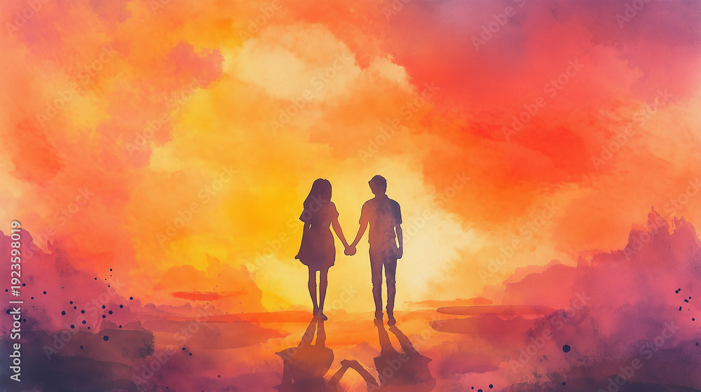 Fototapeta premium Silhouette of a couple holding hands, romantic mood, walking at sunset background