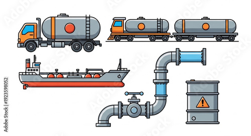 Various transportation methods for fuel and oil delivery illustrated in a vector style.