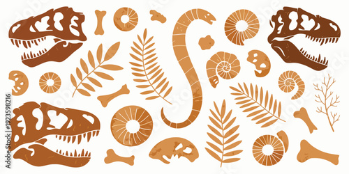 Collection of Dinosaur Skeletons and Fossils in Warm Earthy Tones, Detailed Prehistoric Bones Illustration Isolated on White Background for Educational Prints, Museum Posters and Paleontology Design