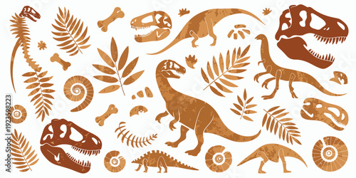 Collection of Dinosaur Skeletons and Fossils in Warm Earthy Tones, Detailed Prehistoric Bones Illustration Isolated on White Background for Educational Prints, Museum Posters and Paleontology Design