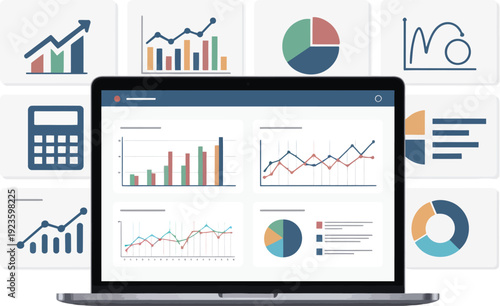 Laptop Displaying Financial Charts and Graphs with Calculator and Data Visualizations Vector