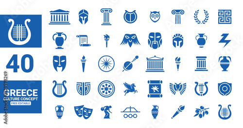 Ancient Greece cultural icons and symbols in a blue flat design