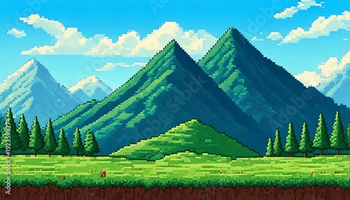Landscape 8bit pixel art. Summer natural landscape mountain scenery arcade video game 