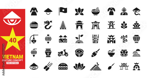 40 Vietnamese cultural icons and symbols arranged in a colorful graphic design