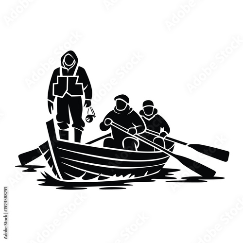 Fishermen in a rowboat silhouette vector illustration