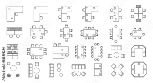 Various top-down architectural floor plan designs of tables and seating arrangements.