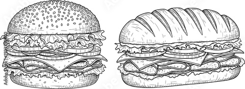 Hand‑Drawn Black and White Sandwich Vector Illustrations Featuring Classic Hamburger with Sesame Bun and Sub Sandwich with Crusty Bread and Layered Ingredients
