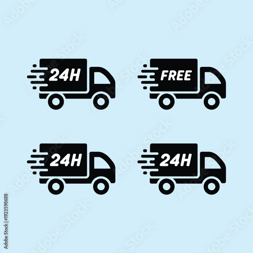 Delivery truck icons set with 24h and free shipping labels