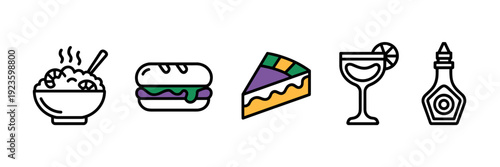 New Orleans cuisine icons including sandwich and hot sauce – Great for travel blogs, cooking classes, or culinary websites.