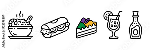 Minimalist Mardi Gras dinner and king cake slice icons – Suitable for cultural education, infographics, or local branding.