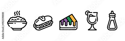 Gourmet Mardi Gras dinner icons with jambalaya and po' boy – Ideal for restaurant menus, food reviews, or catering ads.