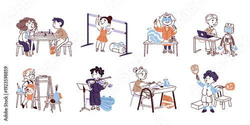 Child activities and hobbies set. Creative children are drawing, dancing, playing chess, music instruments. Kids are interested in art and learning. Flat isolated outline vector illustrations on white