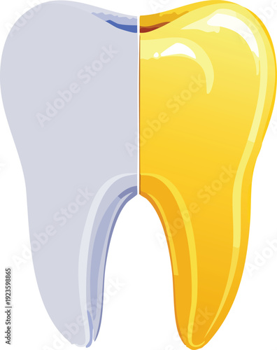 Before-after tooth whitening comparison split icon, left yellow right bright white