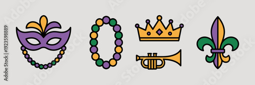 Minimalist carnival mask and bead icons – Ideal for Mardi Gras party invitations, parade maps, or travel blogs.