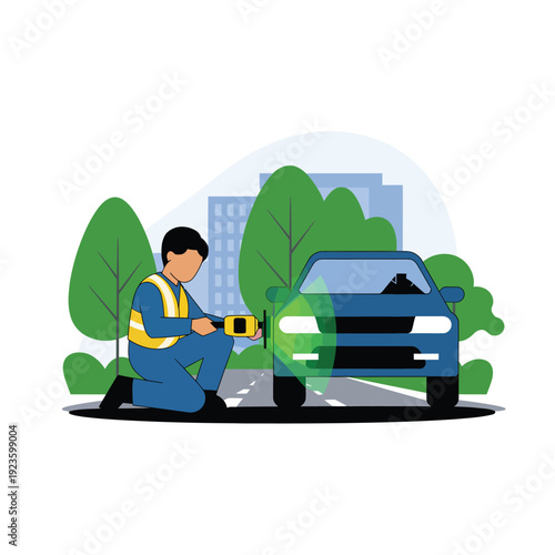 This flat illustration depicts a car technician kneeling beside a blue car.