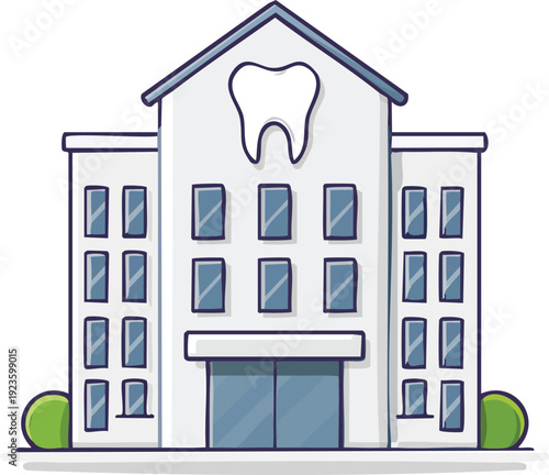  Dental clinic building facade with tooth signboard, stomatology center outline icon