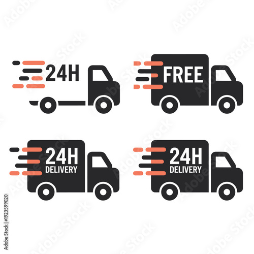 Black delivery truck with fast delivery free and 24h text free delivery 24 hour delivery truck black white text