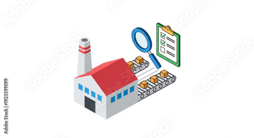 Factory Building with Magnifying Glass Inspection.