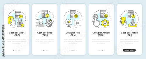 Marketing cost type onboarding mobile app screen. Budget control. Walkthrough 5 steps editable graphic instructions with linear concepts. UI, UX, GUI. Montserrat SemiBold, Regular fonts used