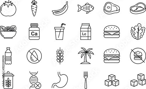 Healthy and Unhealthy Food Line Icon Set with Nutrition Symbols, Organic Products, Fast Food, and Dietary Lifestyle Vector Collection