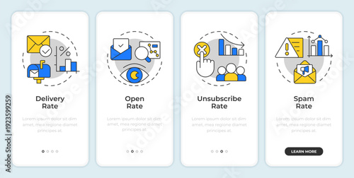Email marketing metrics onboarding mobile app screen. Customer experience. Walkthrough 4 steps editable graphic instructions with linear concepts. UI, UX, GUI. Montserrat SemiBold, Regular fonts used