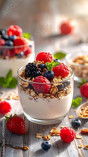 Yogurt parfait with granola, blackberries, raspberries, and blueberries on a bright, rustic surface