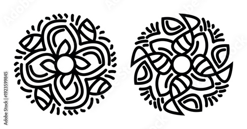 Black and white minimalist floral mandala vector set featuring bold geometric line art for creative coloring and design