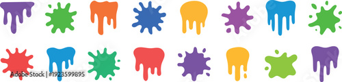 Creative paint drips and splatter vector set. Vibrant ink splash and dripping paint elements. Abstract colorful paint blotches illustration. Artistic dripping paint graphics.