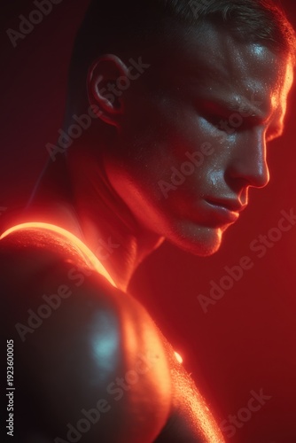 Sweat and Fire Muscular Man's Intense Profile in Red Light generated by AI