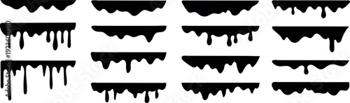 Black paint drips and dripping liquid borders set. Vector illustration of ink drop shapes, flowing oil or paint elements, and melting effect silhouettes for design.
