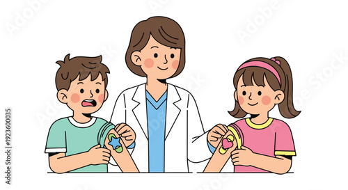 Illustration of a female dentist or hygienist with a boy and a girl holding colorful dental hygiene tools.