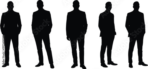 Silhouettes of five business men standing confidently, professional formal suits, leadership concept, teamwork, corporate style, isolated white background image