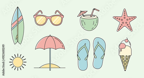 A vibrant collection of flat vector icons illustrating essential summer beach vacation items such as surfboards, cool sunglasses, and tropical refreshments