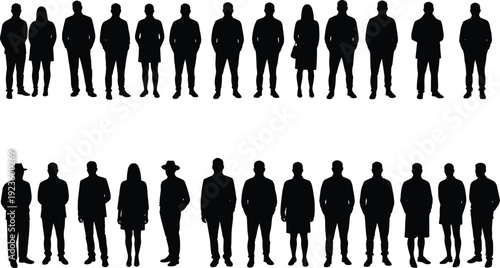 Silhouettes of diverse business people standing together in formal attire, men and women, teamwork, corporate group, unity, professional crowd