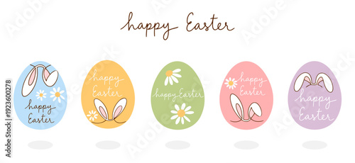 Pastel easter egg collection with bunny ears and happy easter lettering.