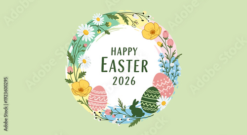 Vibrant Happy Easter greeting card design with a blooming spring floral wreath, colorful decorated eggs, and a charming bunny