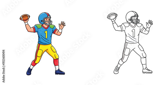 Dynamic American Football Player Throwing Ball in Color and Outline for Kids' Coloring Pages