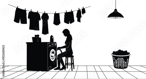 Silhouette woman doing laundry indoors, washing clothes in machine, clothesline hanging garments, laundry basket, detergent bottles, domestic chore scene, black vector illustration