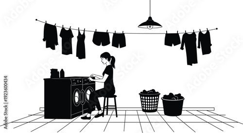 Silhouette woman doing laundry, operating washing machine, hanging clothes on clothesline, laundry baskets, detergent bottles, domestic housework, indoor laundry room vector illustration