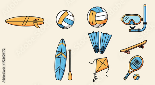 Vibrant and Playful Collection of Summer Sports Equipment Vector Icons for Outdoor Recreation and Beach Leisure Activities