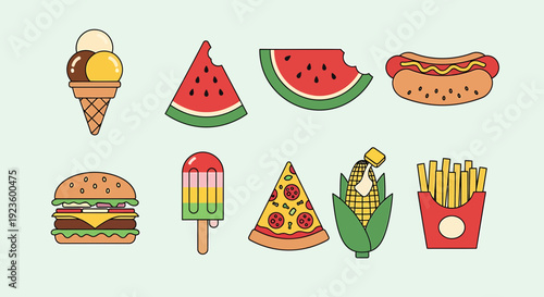 Colorful collection of flat design vector illustrations showcasing popular fast food, sweet desserts, and refreshing summer treats, perfect for modern digital content