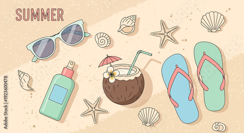 Bright summer beach essentials, including refreshing coconut drinks, stylish sunglasses, and ocean treasures, scattered on soft sand for a relaxing tropical getaway