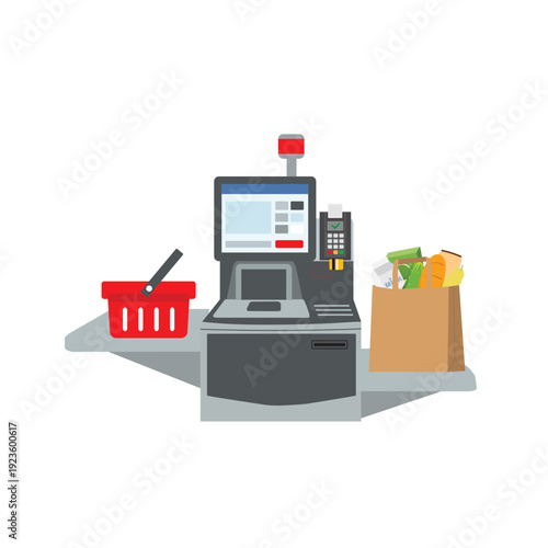 Vector big paper shopping bag full of grocery standing on a grey metal self checkout machine with cash and card payment, and bagging area