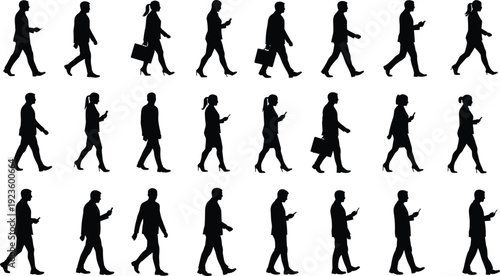 Silhouettes of business people walking with smartphones and briefcases, urban commuters in motion, corporate professionals in city street isolated vector illustration
