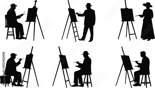 Silhouettes of artists painting on canvas, male and female painters at easels, vector illustration, drawing in art studio scene